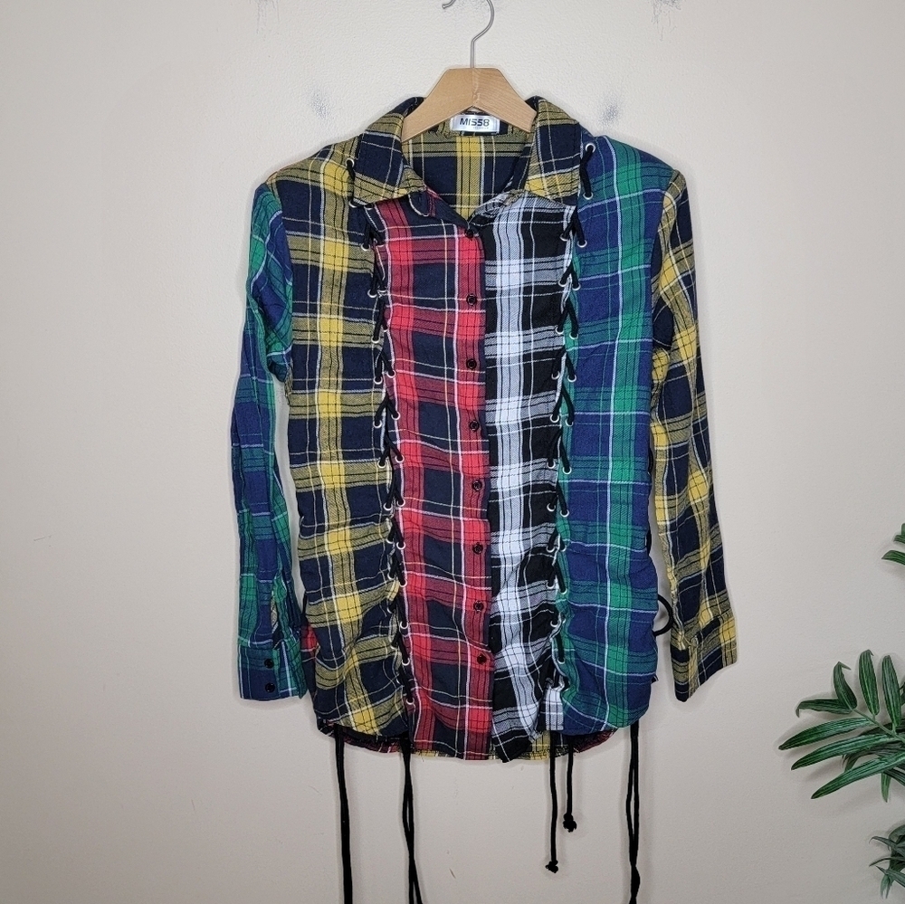 MISS8 Mixed Colorful Plaid Shirt or Dress with Eyelet Lace Up Detail